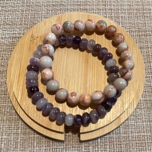 Authentic Amethyst and Red Network Jasper Beaded Bracelet Set
